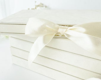 Cream Velvet Box with Ribbon Bow for 5x7 Luxurious Wedding Invitation, Gold Foiling Monogram, Personalized Keepsake Box, DIY Invitation