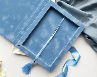 Dusty Blue Velvet Box for 5x7&quot; Wedding Invitations with Tassel , Luxurious Keepsake