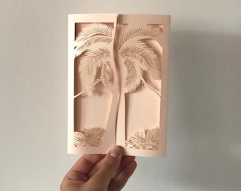 Invitaciones con diseño de palmeras tropicales, portadas de boda cortadas con láser. SOLO para bodas de destino, bodas en el extranjero, bodas tropicales e invitaciones DIY.
