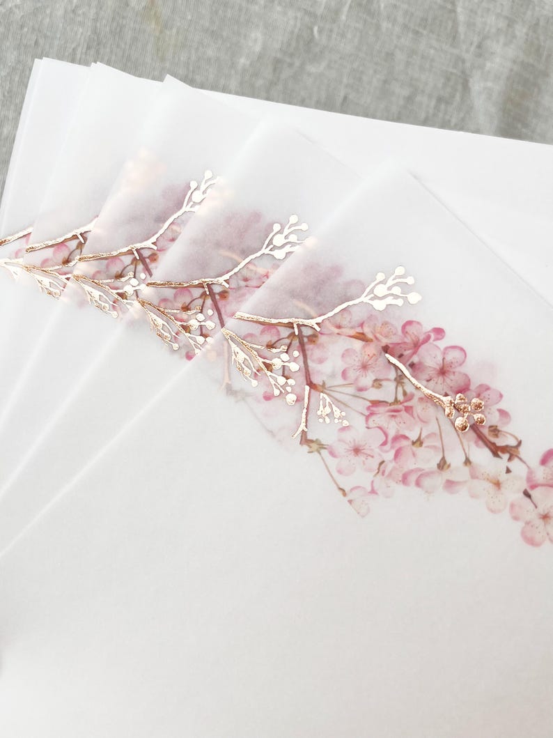 Cherry Blossom Vellum Jacket, 5x7 Sakura Flowers Invitation with Rose Gold Foil, Floral Vellum Wrap, Parchment Sleeve image 2