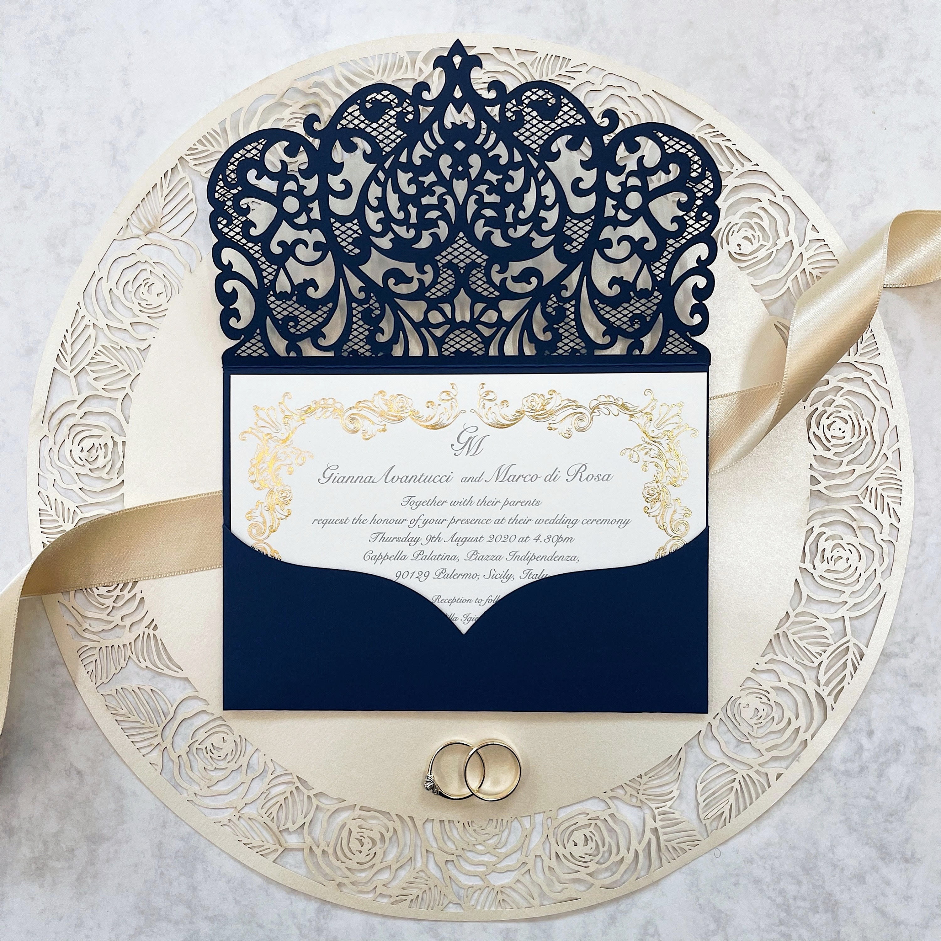 100 NAVY BLUE WEDDING INVITATIONS WITH ENVELOPES POCKET LASER CUT SET DIY 50 