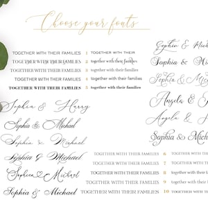 A white sheet of paper with a gold heading that reads 'Choose your fonts'.  The paper has a list of names in different fonts, numbered 11 through 22.  The names include 'Sophia & Harry', 'Sophia & Michael', 'Angela & James', and 'Angela & Harry'.  The paper also has a list of text that reads 'Together with their families'.
