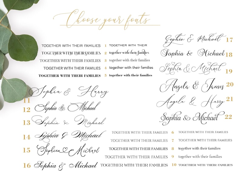 A white sheet of paper with a gold heading that reads 'Choose your fonts'.  The paper has a list of names in different fonts, numbered 11 through 22.  The names include 'Sophia & Harry', 'Sophia & Michael', 'Angela & James', and 'Angela & Harry'.  The paper also has a list of text that reads 'Together with their families'.