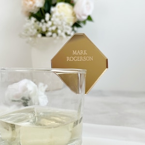 Name Cocktail Tag, Personalised Place Name Charms, Wedding Favours, Mirror Acrylic Glass Charm, Event Drink Decor, Art Deco, Geometric