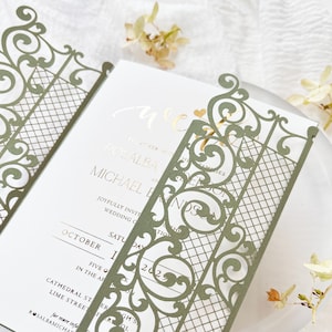 Sage green ornamental gatefold laser cut wedding invitation cover – 5x7 with gold foil insert displayed