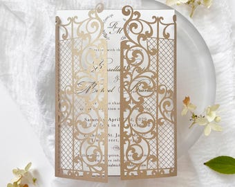 Laser Cut Gatefold Invitation Cover 5x7 - Garden Wedding, Custom Color