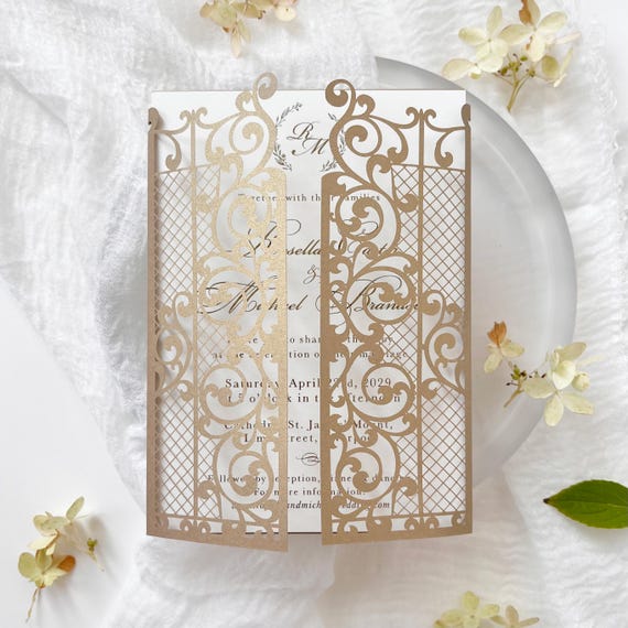 Laser Cut Gatefold Invitation Cover 5x7 - Garden Wedding, Custom Color