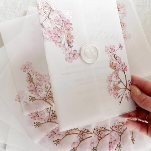 Cherry Blossom Vellum Jacket, 5x7 Sakura Flowers Invitation with Rose Gold Foil, Floral Vellum Wrap, Parchment Sleeve image 6