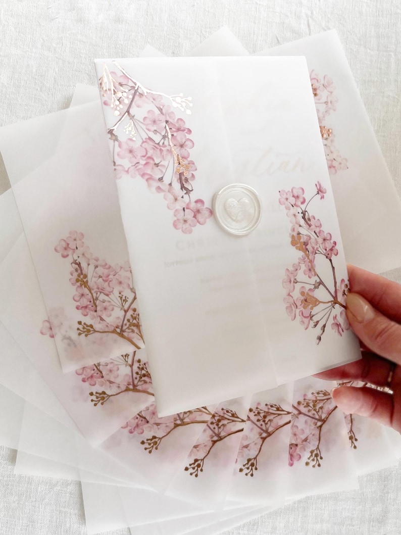 Cherry Blossom Vellum Jacket, 5x7 Sakura Flowers Invitation with Rose Gold Foil, Floral Vellum Wrap, Parchment Sleeve image 6