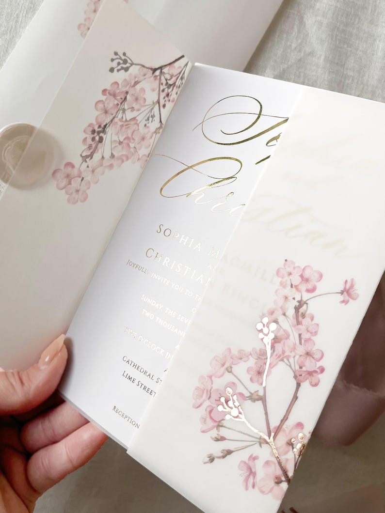 Cherry Blossom Vellum Jacket, 5x7 Sakura Flowers Invitation with Rose Gold Foil, Floral Vellum Wrap, Parchment Sleeve image 13