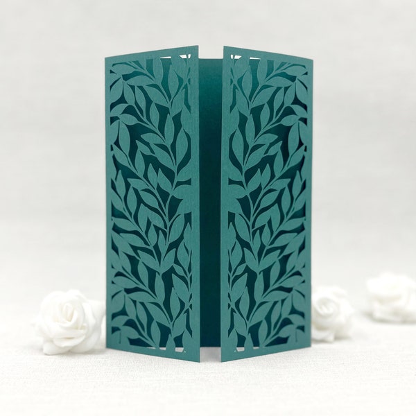 Green Gatefold with Intricate Laser Cut Leaves, Laser Cut Cover, DIY Invitations, Invitation jacket, Handmade, Birthday, Anniversary