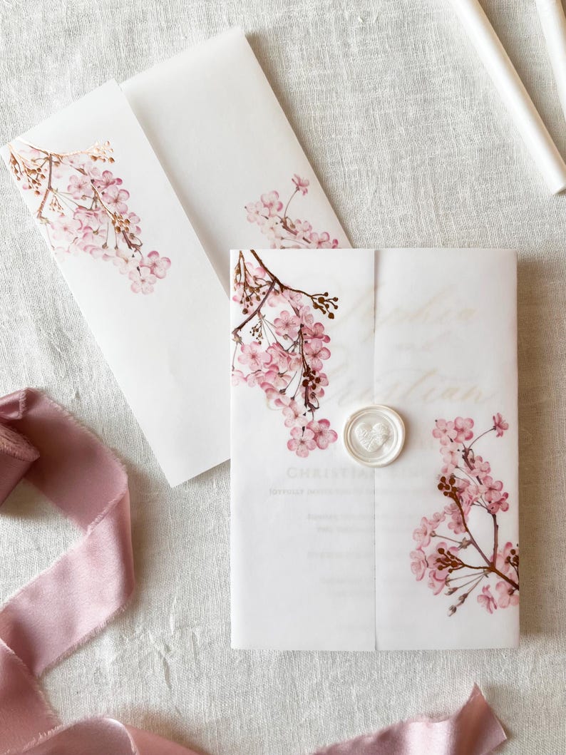 Cherry Blossom Vellum Jacket, 5x7 Sakura Flowers Invitation with Rose Gold Foil, Floral Vellum Wrap, Parchment Sleeve image 16