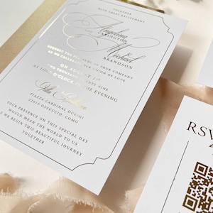 Invitaciones impresas con lámina dorada de 5x7 pulgadas con confirmación de asistencia y detalles - Papelería de boda de lujo con detalles metalizados, inserto de invitación personalizado imagen 2