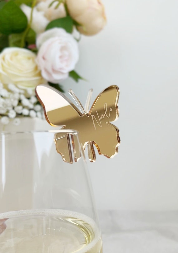 Gold Mirror Butterfly Drink Charm, Personalized Place Card, Wedding Table Decor