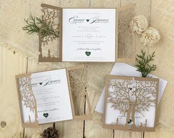 Rustic Boho Wedding Invitations Tree Design with Envelopes – Boho Wedding Laser Cut DIY Square Cards with Jute Twine String Eco Paper