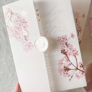 Cherry Blossom Vellum Jacket, 5x7 Sakura Flowers Invitation with Rose Gold Foil, Floral Vellum Wrap, Parchment Sleeve