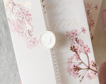 Cherry Blossom Vellum Jacket, 5x7 Sakura Flowers Invitation with Rose Gold Foil, Floral Vellum Wrap, Parchment Sleeve