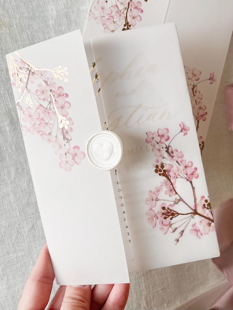 Cherry Blossom Vellum Jacket, 5x7 Sakura Flowers Invitation with Rose Gold Foil, Floral Vellum Wrap, Parchment Sleeve image 1