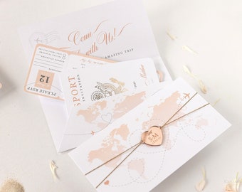 Folder Passport Wedding Invitation - Passport Invite in Pocket & Mirror Rose Gold Tag, Destination Wedding, Luxury, Boarding Pass