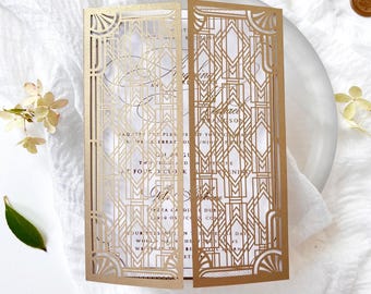 Portada de invitación de boda plegable con corte láser estilo Art Déco – Estilo Gran Gatsby para tarjeta de 5x7 pulgadas