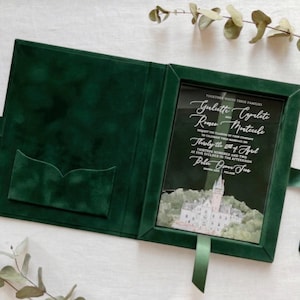 Boîte de faire-part de mariage en velours émeraude, monogramme en feuille d'or, souvenir personnalisé - couleur personnalisée