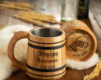 Compass Custom Groomsman Wooden Beer Mug Gift for Groom Wedding Beer Mug Gift