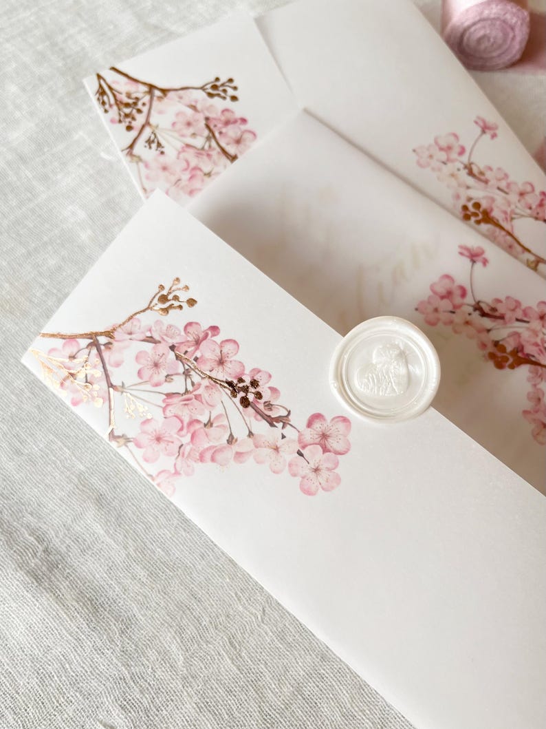 Cherry Blossom Vellum Jacket, 5x7 Sakura Flowers Invitation with Rose Gold Foil, Floral Vellum Wrap, Parchment Sleeve image 9