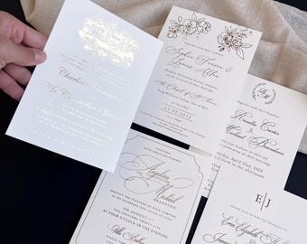Gold Foil Printed Invitations 5x7 with RSVP and Details - Luxury Foiled Wedding Stationery
