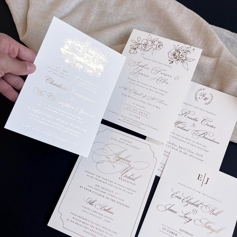 Wedding invitations with gold foil – 5 elegant layout options with personalized wedding invitation wording, luxury paper stationery.