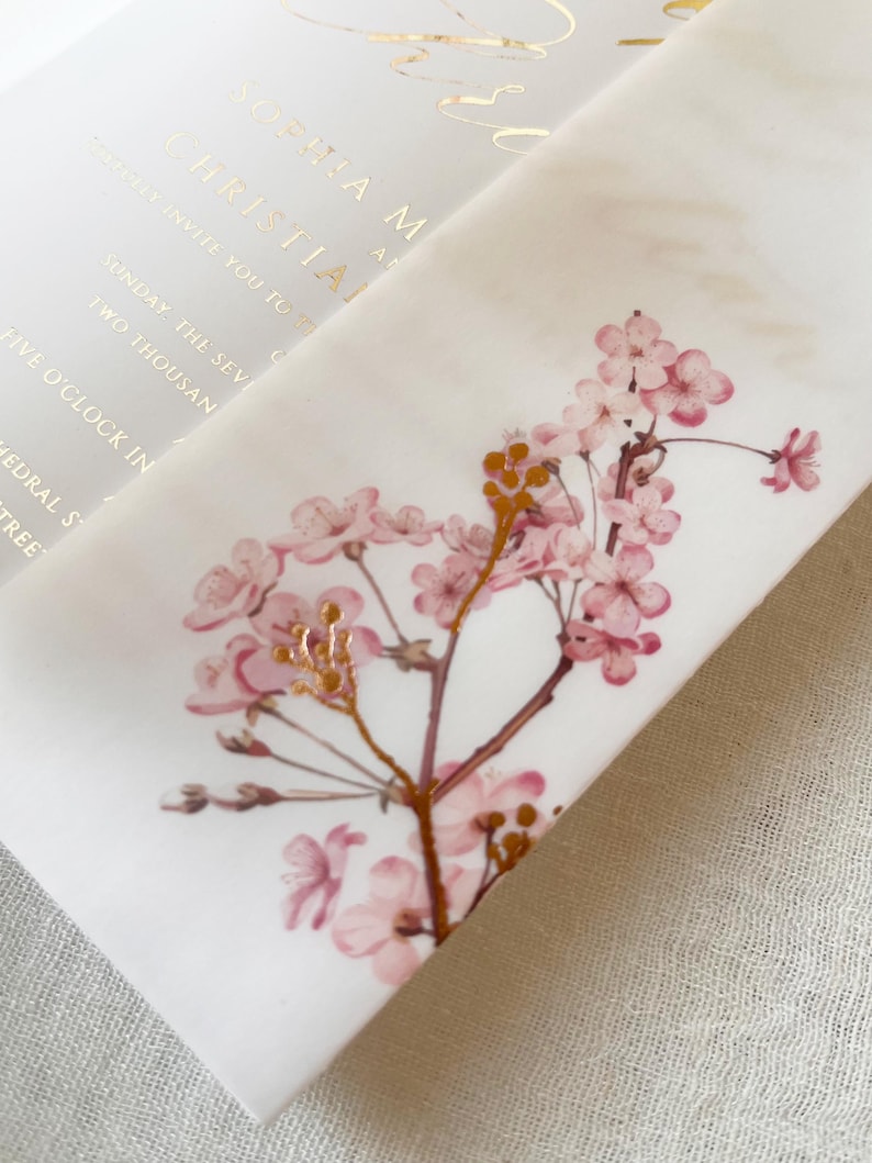 Cherry Blossom Vellum Jacket, 5x7 Sakura Flowers Invitation with Rose Gold Foil, Floral Vellum Wrap, Parchment Sleeve image 8