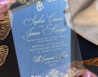 Invitación de boda acrílica con lámina dorada – Invitación de lujo personalizada de plexiglás transparente de 5x7 pulgadas – Estampado en caliente con lámina dorada real – Boda moderna, cumpleaños y fiesta