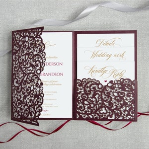 Invitations de mariage avec enveloppes Cartes découpées au laser Tri Fold Bourgogne Marsala Wine Pocket avec RSVP DIY imprimé ou vierge