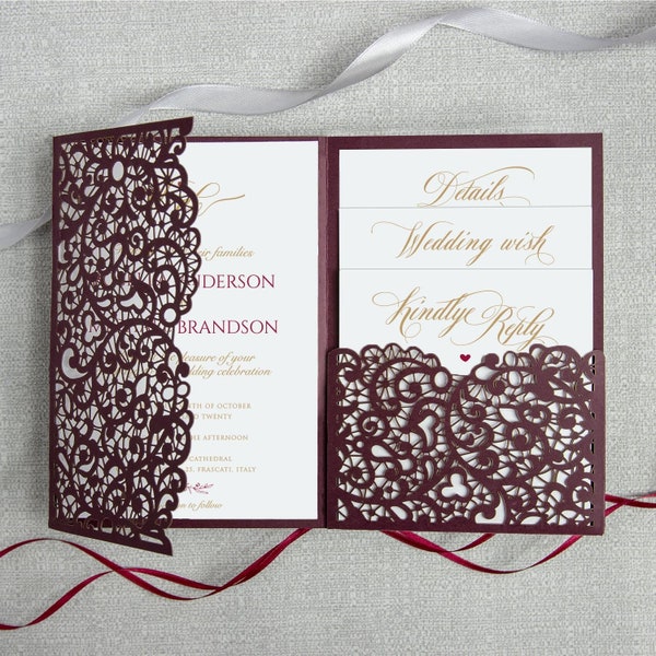 Wedding Invitations with Envelopes Laser Cut Cards Tri Fold Burgundy Marsala Wine Pocket with RSVP DIY Printed or Blank