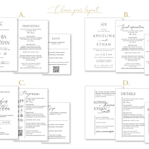 Puede incluir: Cuatro conjuntos de papeler&iacute;a de boda blancos etiquetados A, B, C y D. Cada conjunto incluye una invitaci&oacute;n, una tarjeta de detalles y una tarjeta de confirmaci&oacute;n de asistencia con un c&oacute;digo QR. Texto impreso en negro.