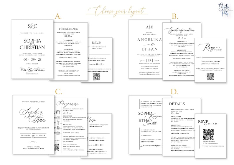 Puede incluir: Cuatro conjuntos de papeler&iacute;a de boda blancos etiquetados A, B, C y D. Cada conjunto incluye una invitaci&oacute;n, una tarjeta de detalles y una tarjeta de confirmaci&oacute;n de asistencia con un c&oacute;digo QR. Texto impreso en negro.