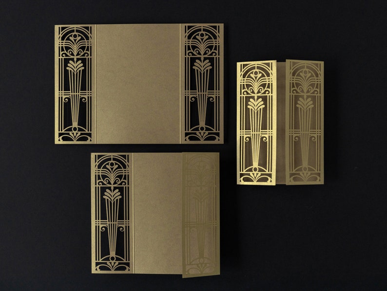 Golden Art Deco Great Gatsby Laser Cut Invitation Cover Laser Cut Wedding Cover DIY Invitation Handmade Gatefold Invitation Cover Only image 2