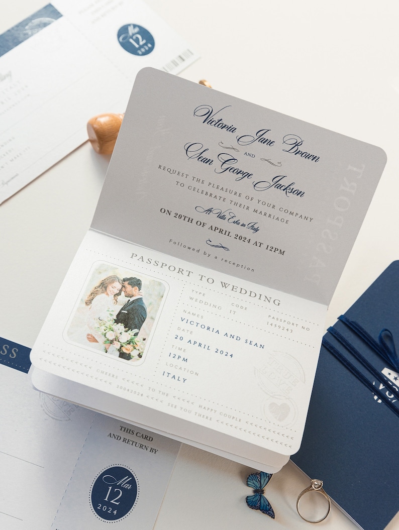 Navy Blue United States Passport Wedding Invitation With Silver Foil