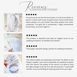 May include: Reviews from happy customers about vellum jackets for wedding invitations. The jackets are described as thick, elegant, and perfect for adding a touch of class to wedding invitations.