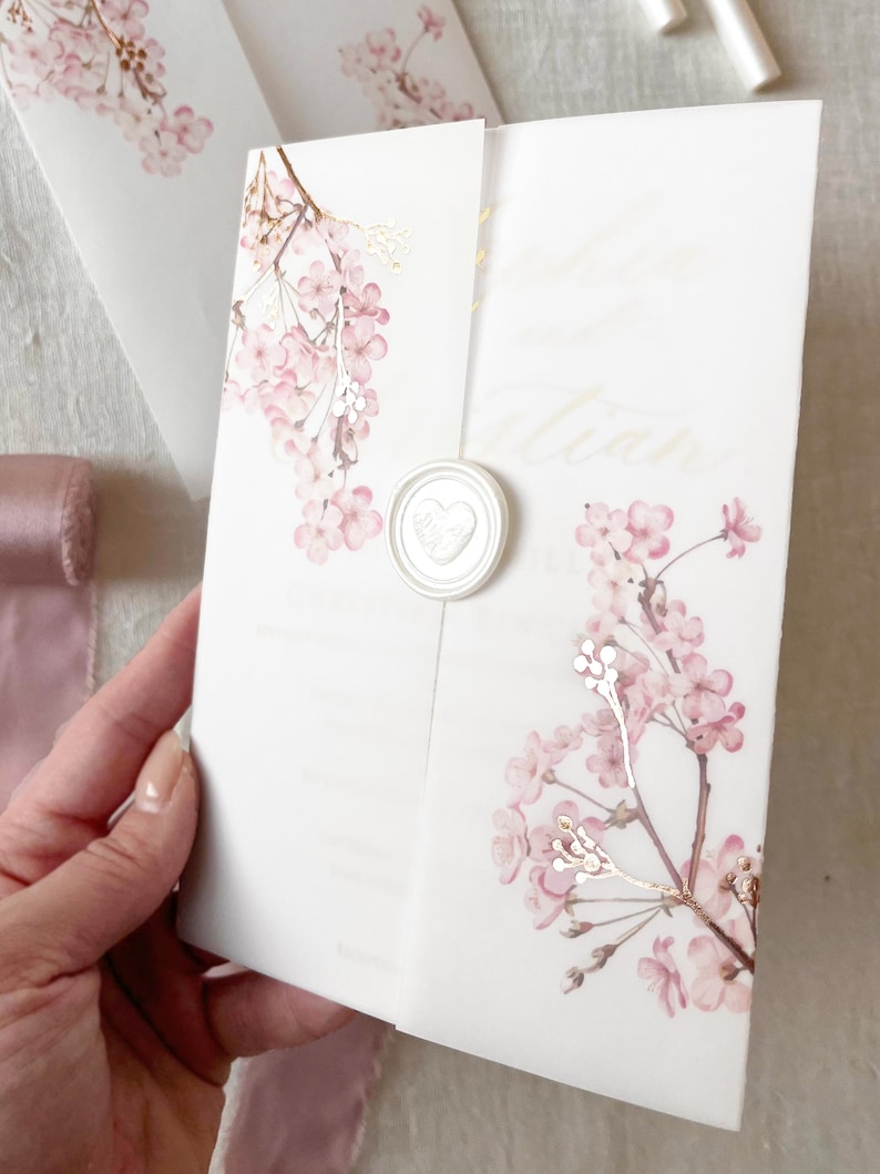 Cherry Blossom Vellum Jacket, 5x7 Sakura Flowers Invitation with Rose Gold Foil, Floral Vellum Wrap, Parchment Sleeve image 12