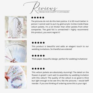 Puede incluir: Comentarios de clientes satisfechos sobre sobres de vitela para invitaciones de boda. Los sobres se describen como gruesos, elegantes y perfectos para agregar un toque de clase a las invitaciones de boda.