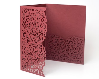 Laser Cut Invitation Covers Burgundy Color Pocket Fold Invitation DIY invitation Wedding Birthday Christening Cards 3 Fold Pocket + Envelope