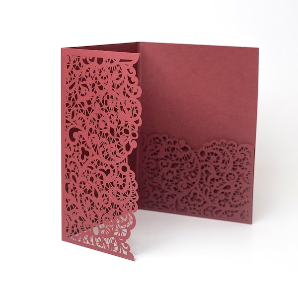 Laser Cut Invitation Covers Burgundy Color Pocket Fold Invitation DIY invitation Wedding Birthday Christening Cards 3 Fold Pocket + Envelope