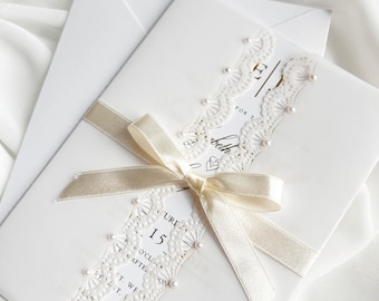 Laser Cut Lace Vellum Jacket 5x7 with Pearl Embellishment | Elegant Wedding Invitation Pre-folded Wrap A7
