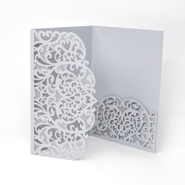 Grey Laser Cut Lace Covers Only Fit to 4 inserts (Main, Day, RSVP, Wishes) Birthday Wedding Cards Invitations DIY Kit + Envelope