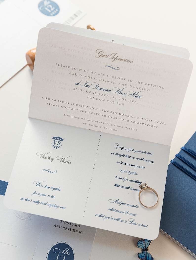 Navy Blue United States Passport Wedding Invitation With Silver Foil