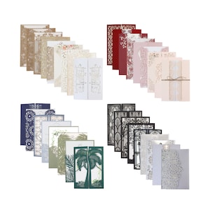 Peut inclure: Assortiment de cartes d'invitation de mariage découpées au laser dans différentes couleurs et designs. Les cartes présentent des motifs et des designs complexes, notamment des motifs floraux, géométriques et abstraits. Les cartes sont disposées en rangées, mettant en valeur les différents styles disponibles.