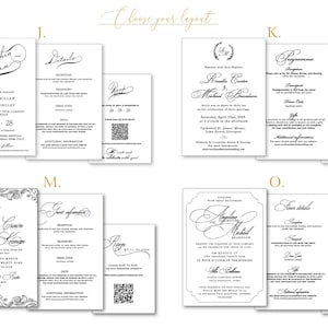 Puede incluir: Una colecci&oacute;n de cuatro juegos de invitaciones de boda distintos etiquetados como J, K, M y O. Cada juego incluye una tarjeta de invitaci&oacute;n principal, una tarjeta de detalles y una tarjeta RSVP con un c&oacute;digo QR, todo en negro sobre papel blanco.