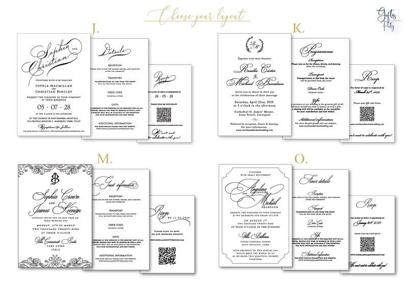 Puede incluir: Una colecci&oacute;n de cuatro juegos de invitaciones de boda distintos etiquetados como J, K, M y O. Cada juego incluye una tarjeta de invitaci&oacute;n principal, una tarjeta de detalles y una tarjeta RSVP con un c&oacute;digo QR, todo en negro sobre papel blanco.