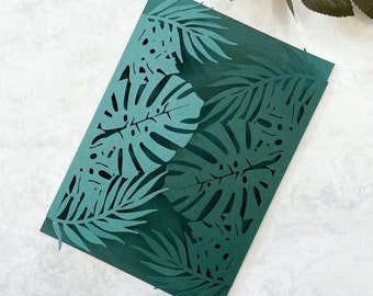 Tropical Monstera Leaf Invitation Covers Dark Green Laser Cut DIY Invitations - Tropical Wedding, Destination Wedding Abroad Covers ONLY