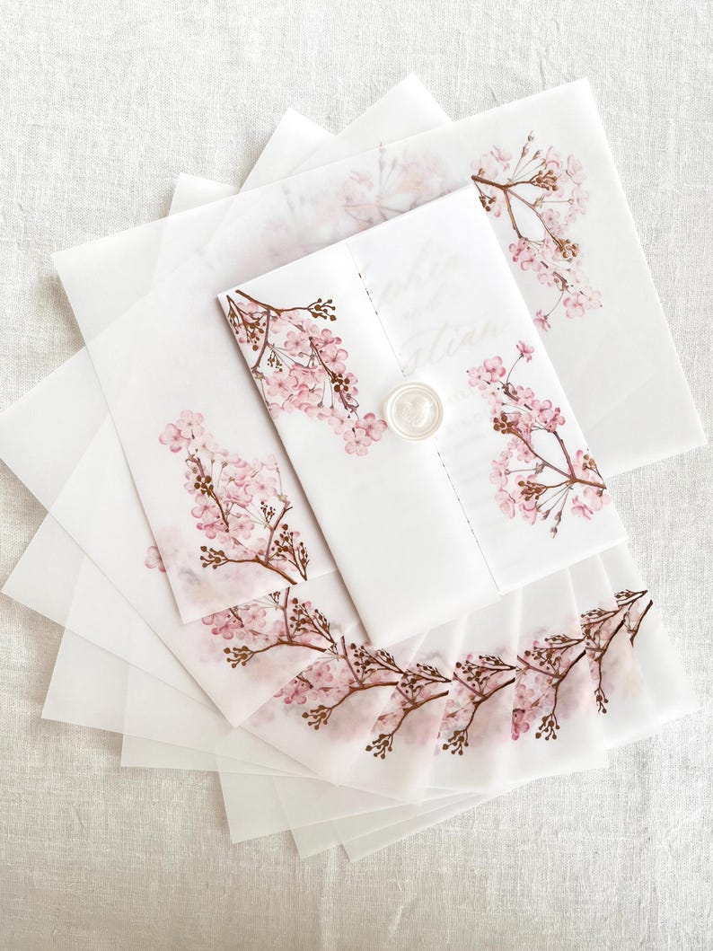 Cherry Blossom Vellum Jacket, 5x7 Sakura Flowers Invitation with Rose Gold Foil, Floral Vellum Wrap, Parchment Sleeve image 10